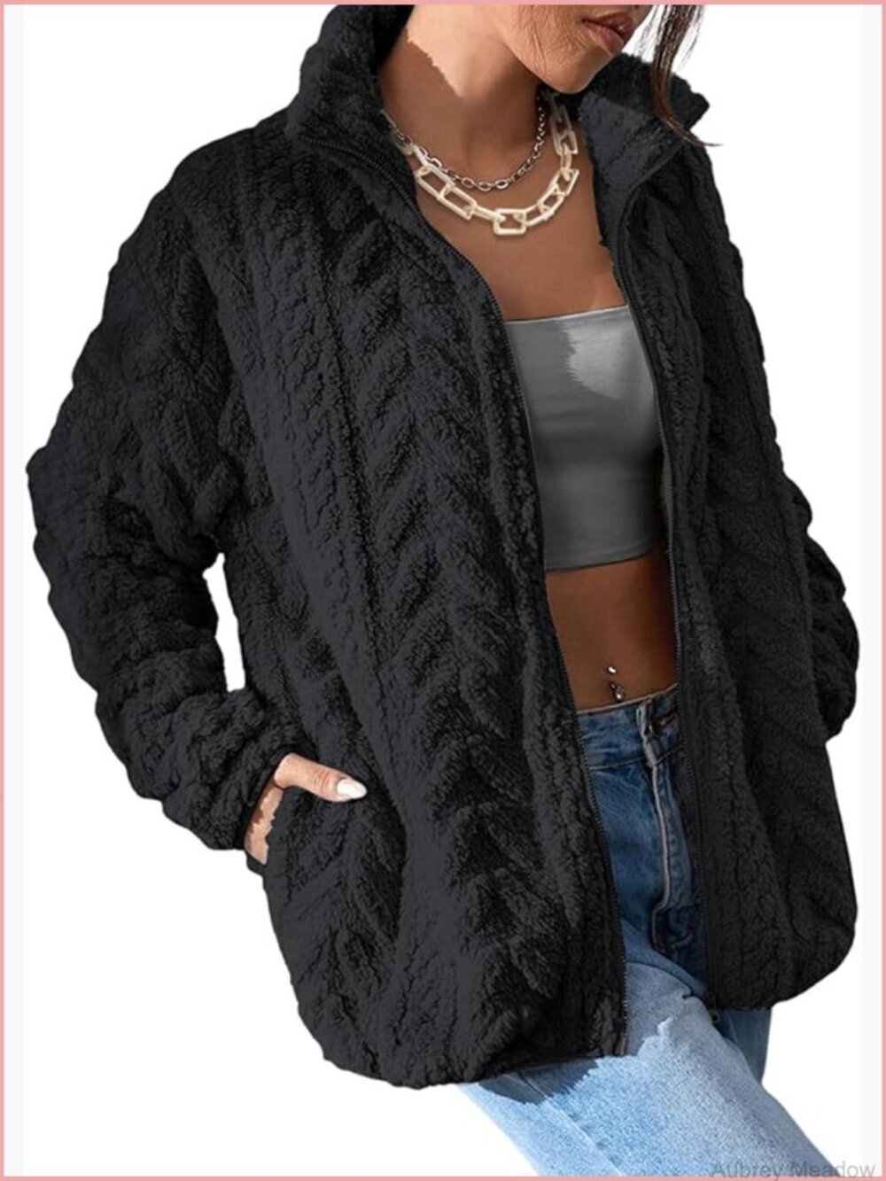 Winter Fleece Jacket Zip-Up Stand Collar Cozy Warm Coat Pockets